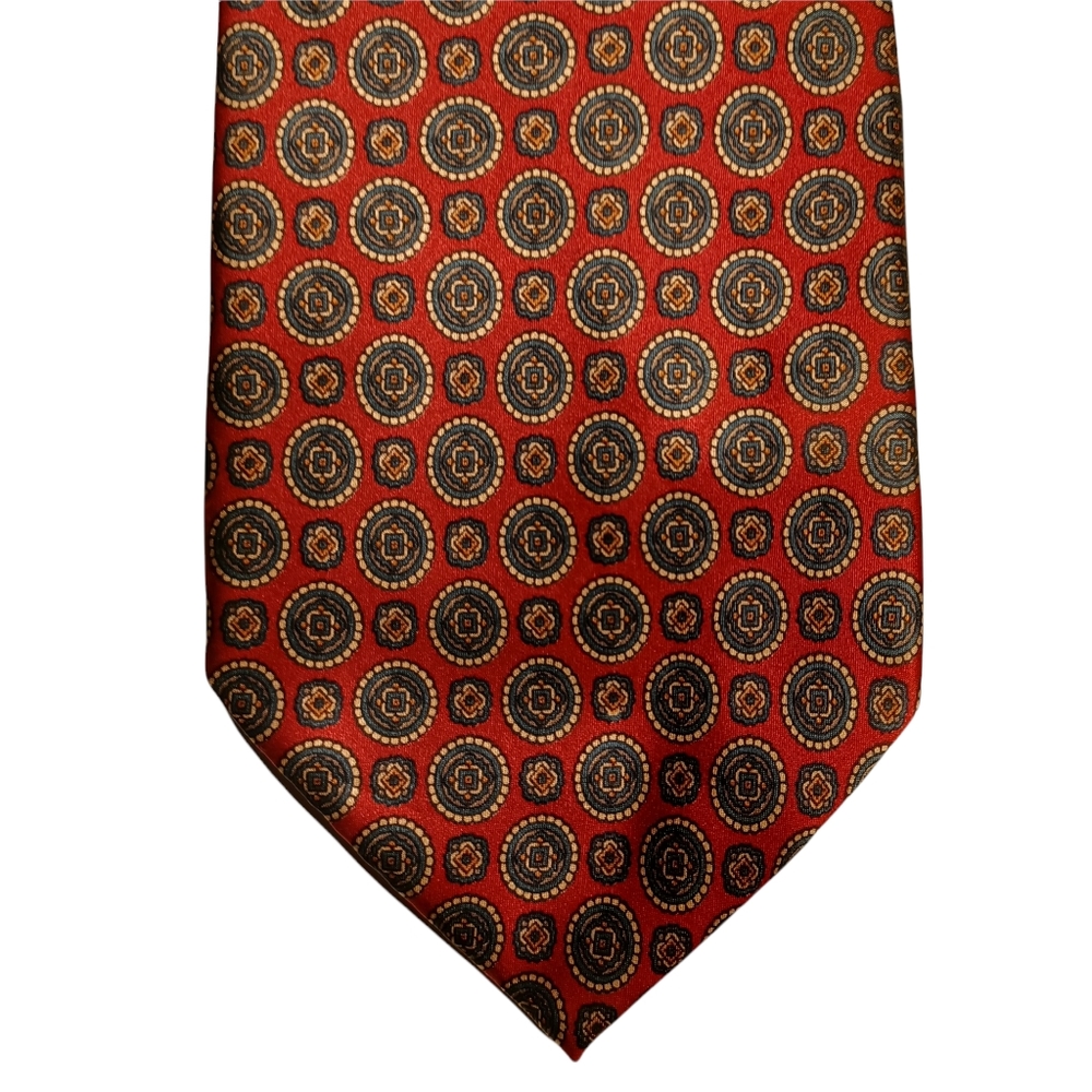 VTG BETINI 100% Silk Italy Red Blue Cream Circle Print Tie